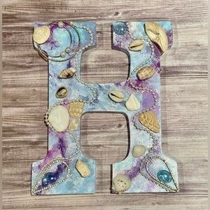 Decorated Wooden Letter H Embellished with Sea Shells, Faux Pearls & Trinkets